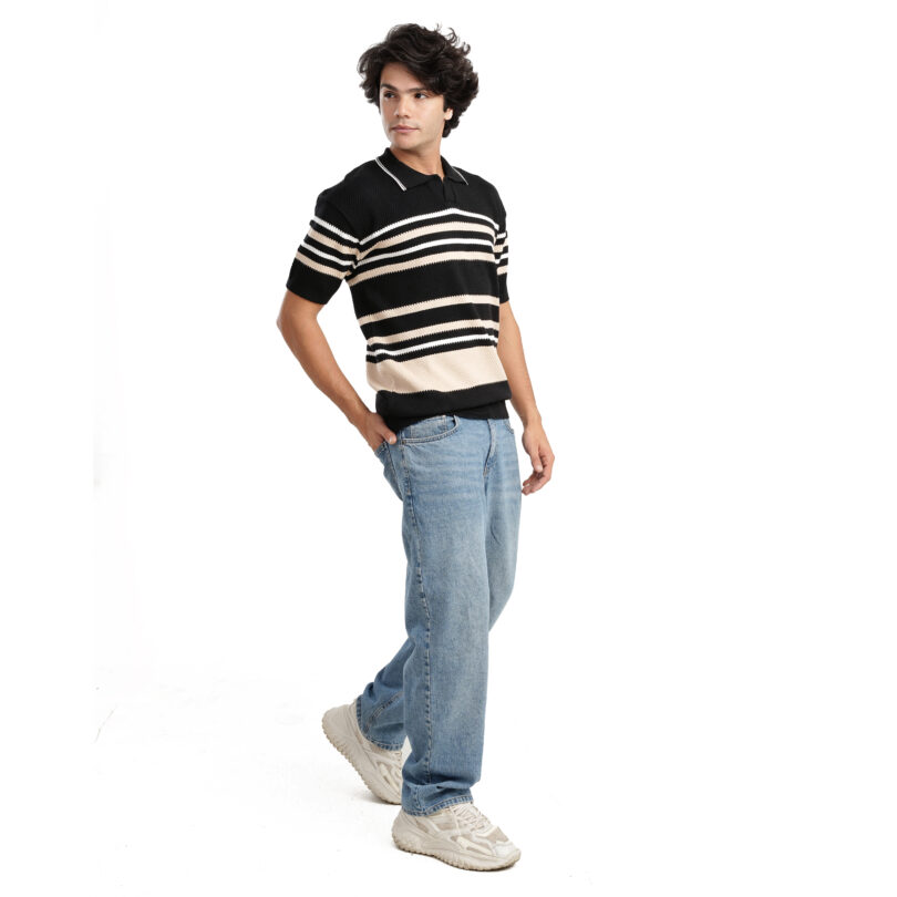 Striped Polo T-Shirt - Black - Image 6