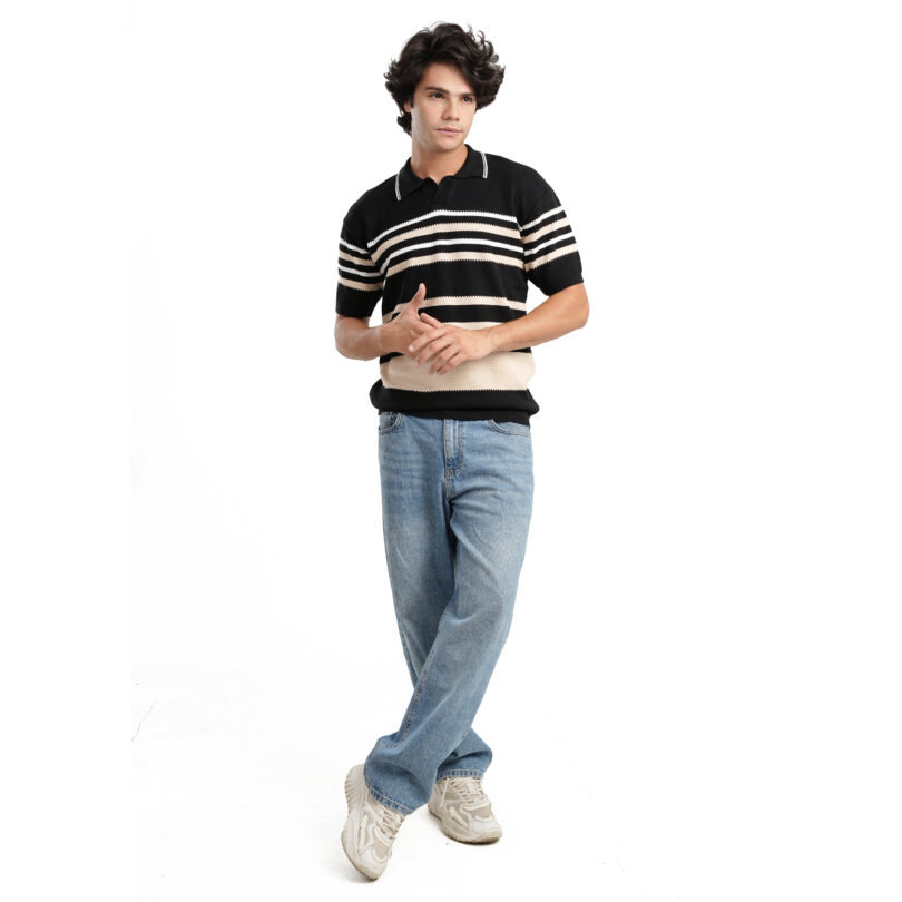 Striped Polo T-Shirt - Black - Image 2
