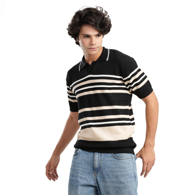 Striped Polo T-Shirt - Black - Image 4
