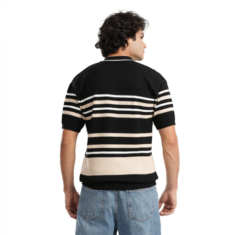 Striped Polo T-Shirt - Black - Image 3