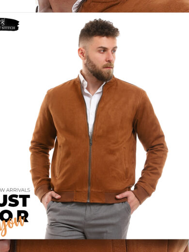 Lycra Suede Baseball Jacket-Camel