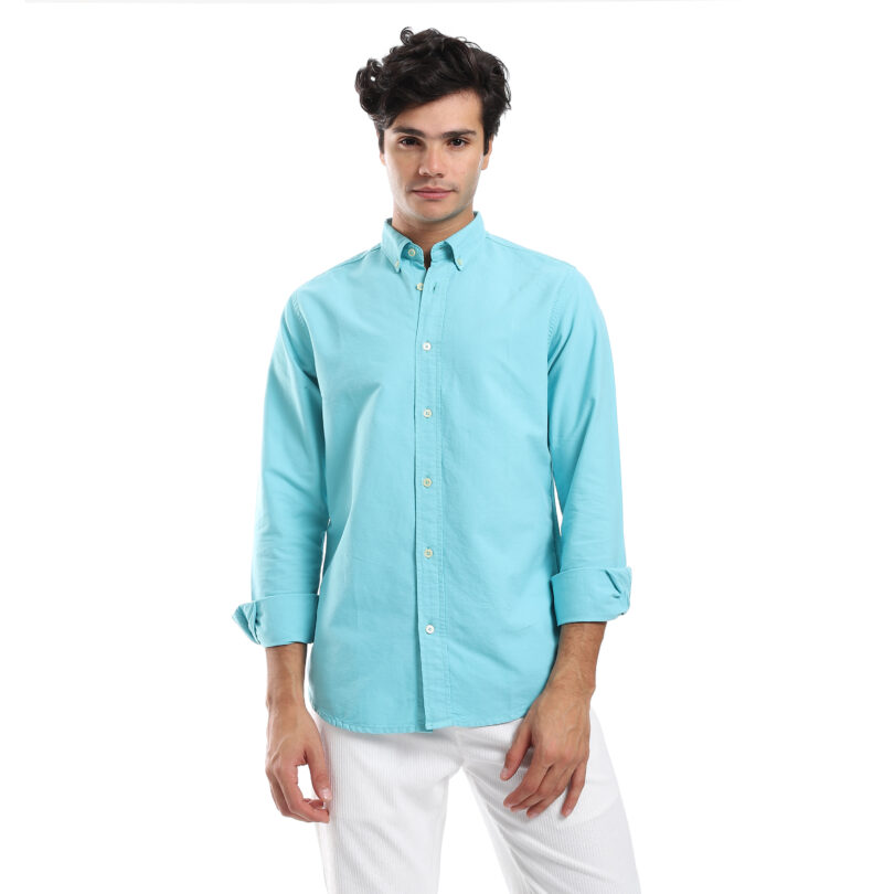 Regular Fit Gabardine Shirt With Pocket- Turquoise