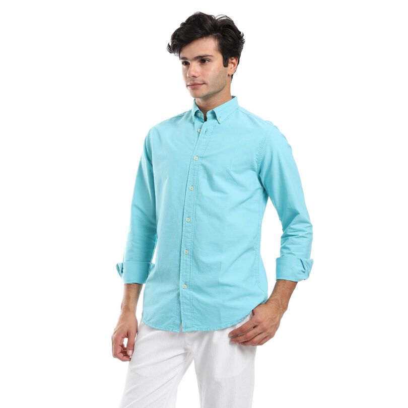 Regular Fit Gabardine Shirt With Pocket- Turquoise - Image 3