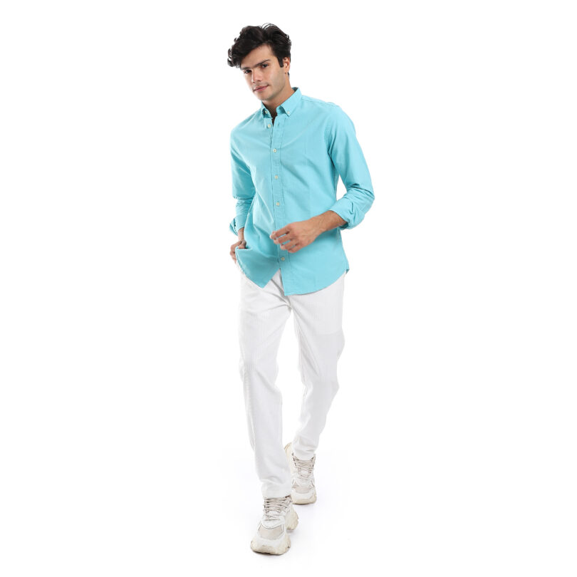 Regular Fit Gabardine Shirt With Pocket- Turquoise - Image 2