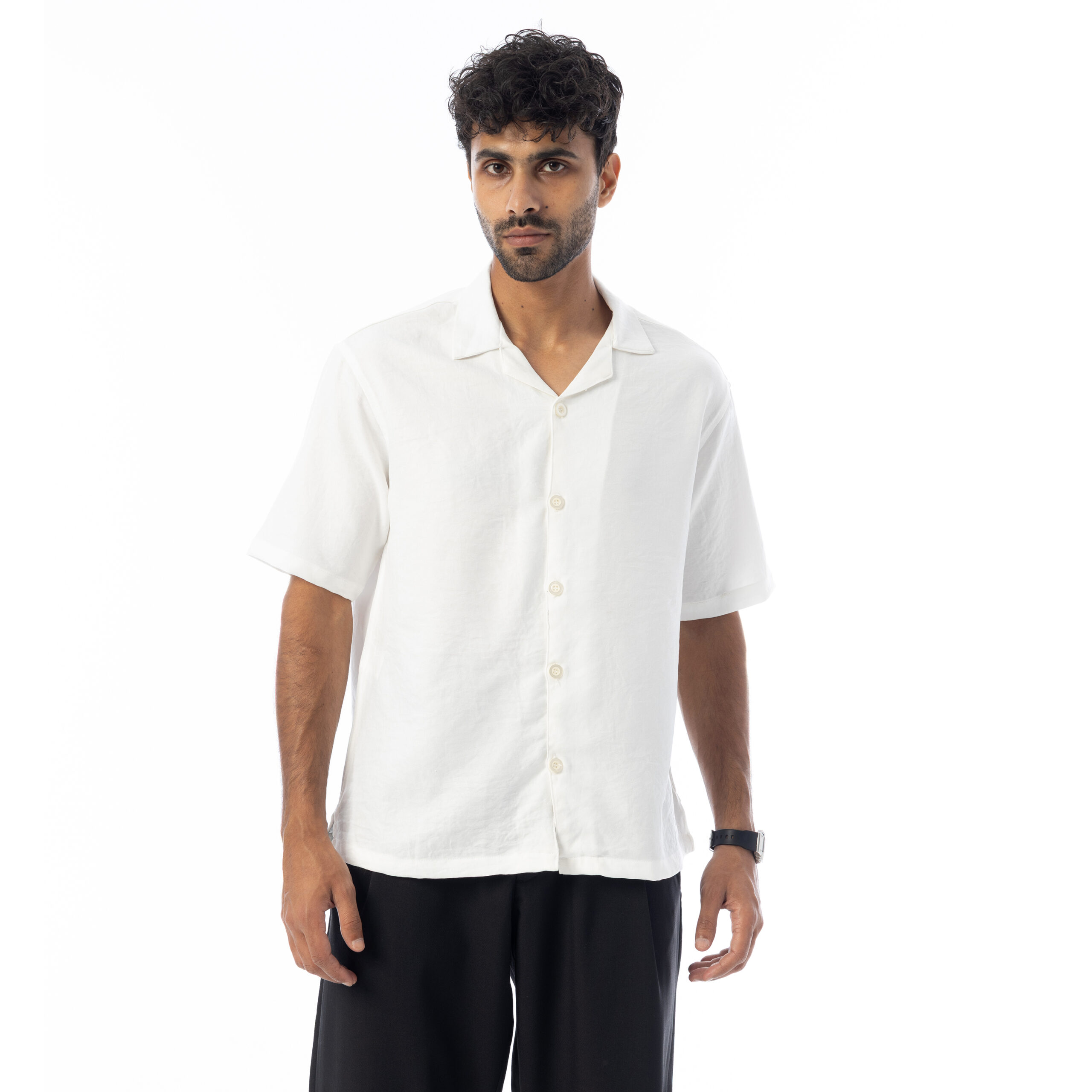 sleeve-half Shirt Linen-White