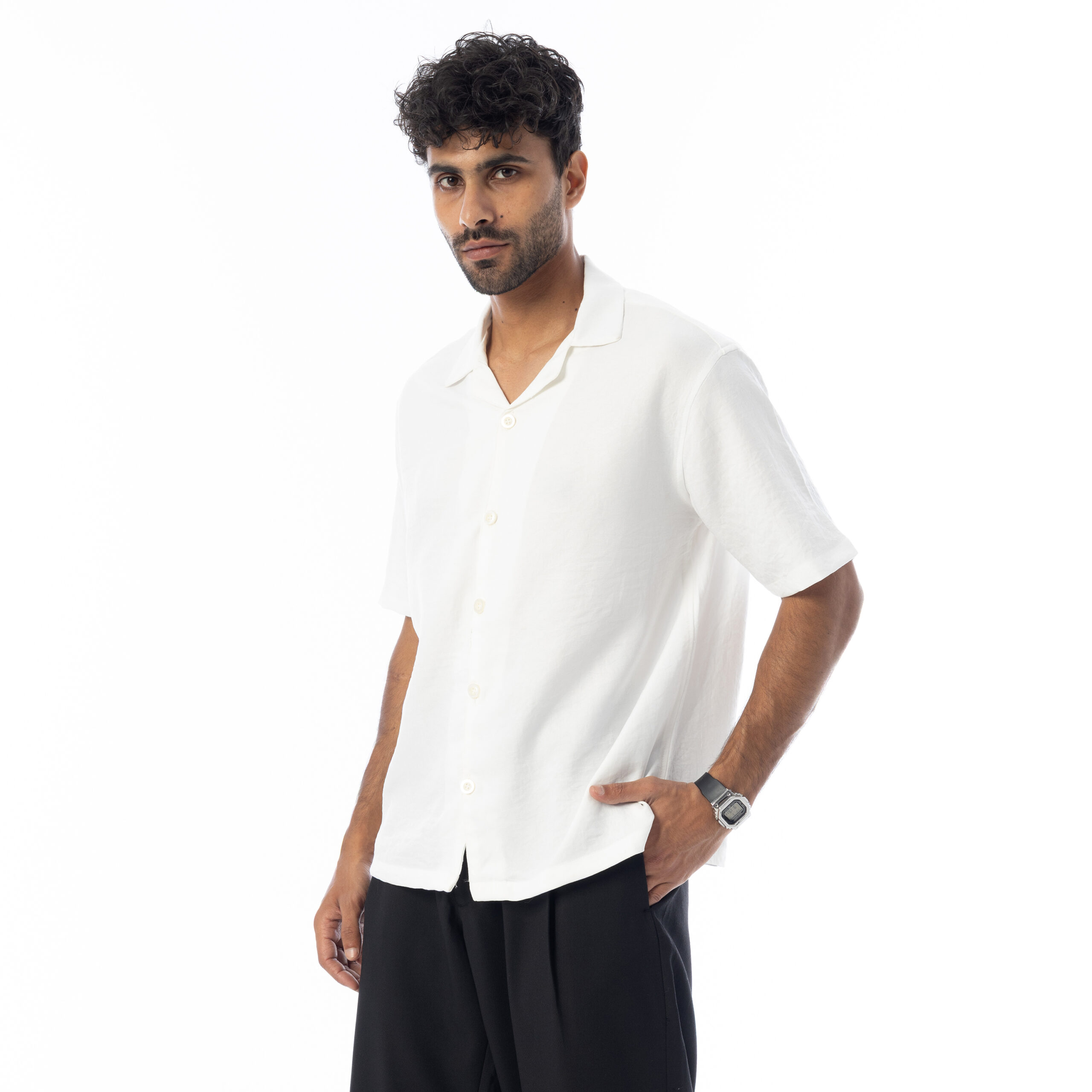 sleeve-half Shirt Linen-White - Image 5
