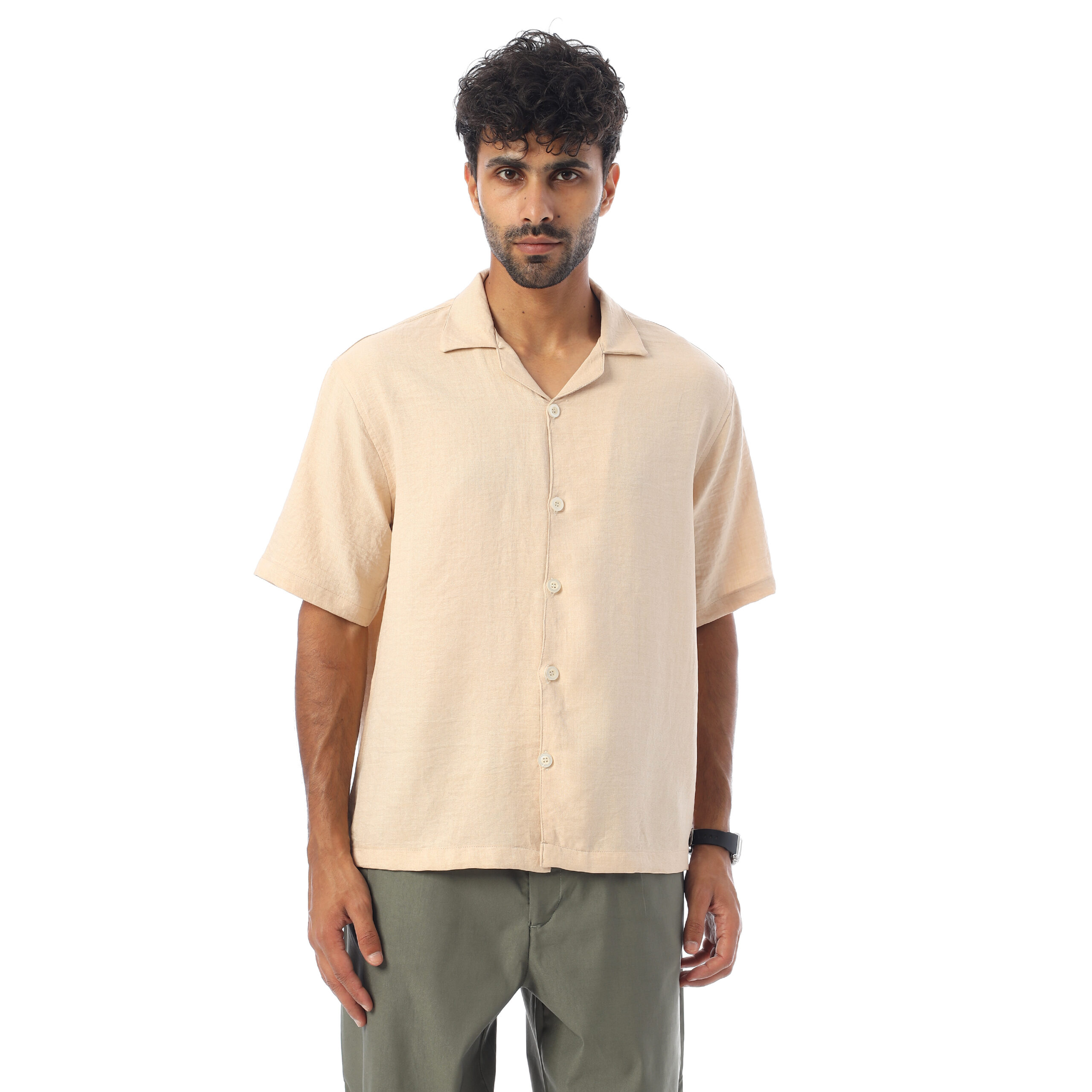 sleeve-half Shirt Linen-Beige