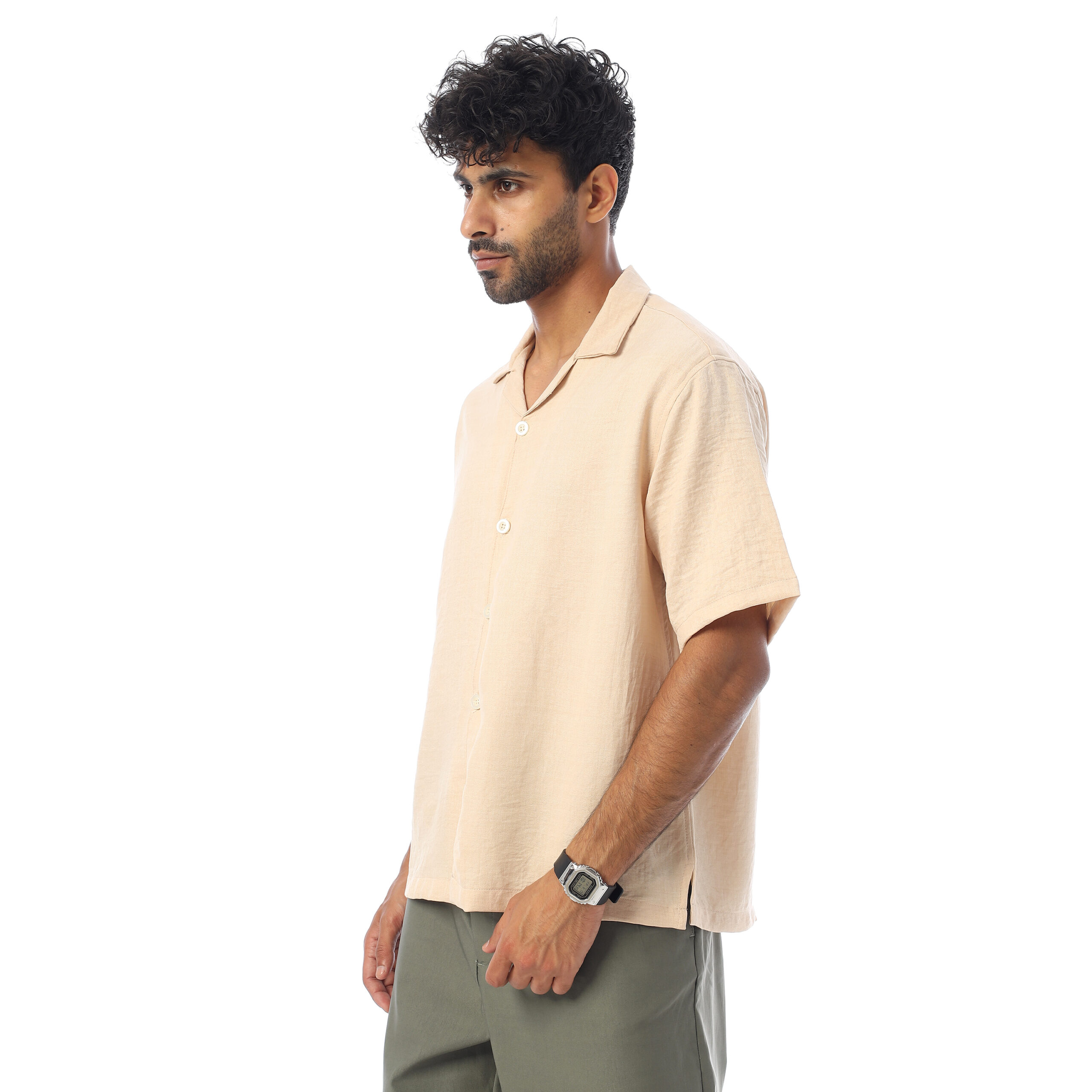 sleeve-half Shirt Linen-Beige - Image 5