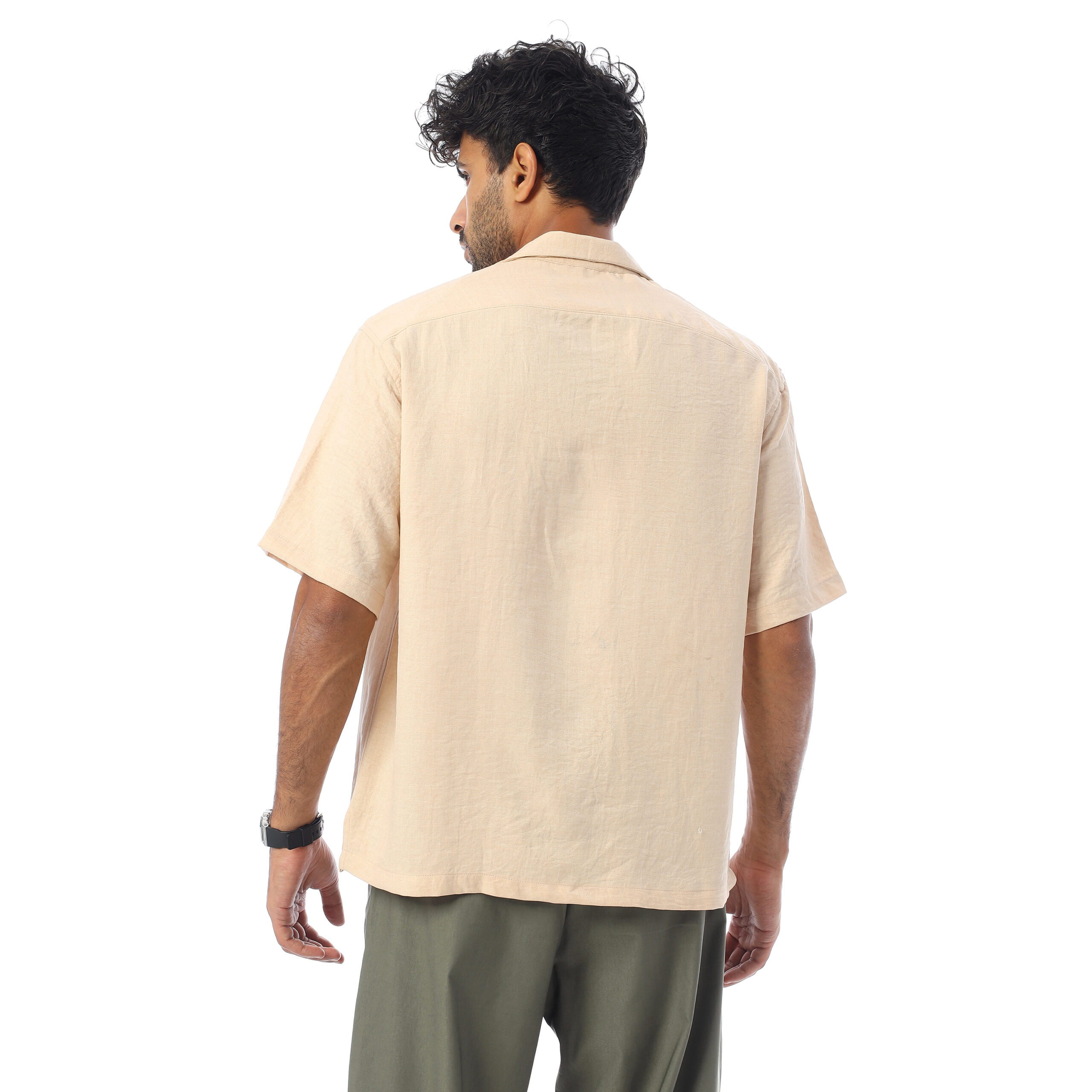sleeve-half Shirt Linen-Beige - Image 4