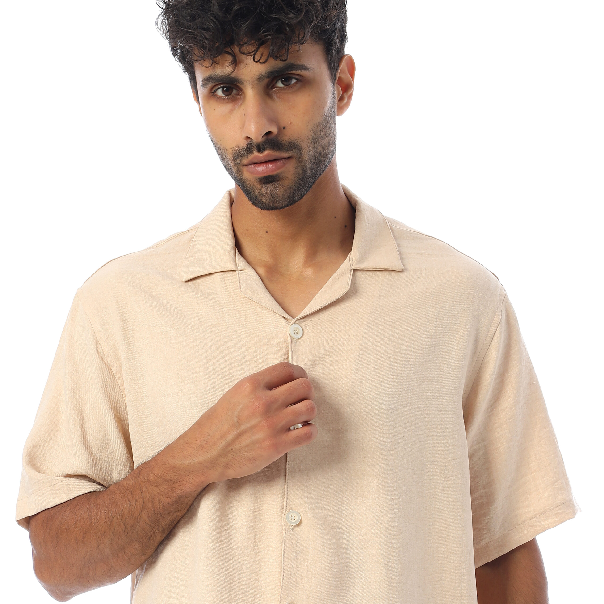 sleeve-half Shirt Linen-Beige - Image 3