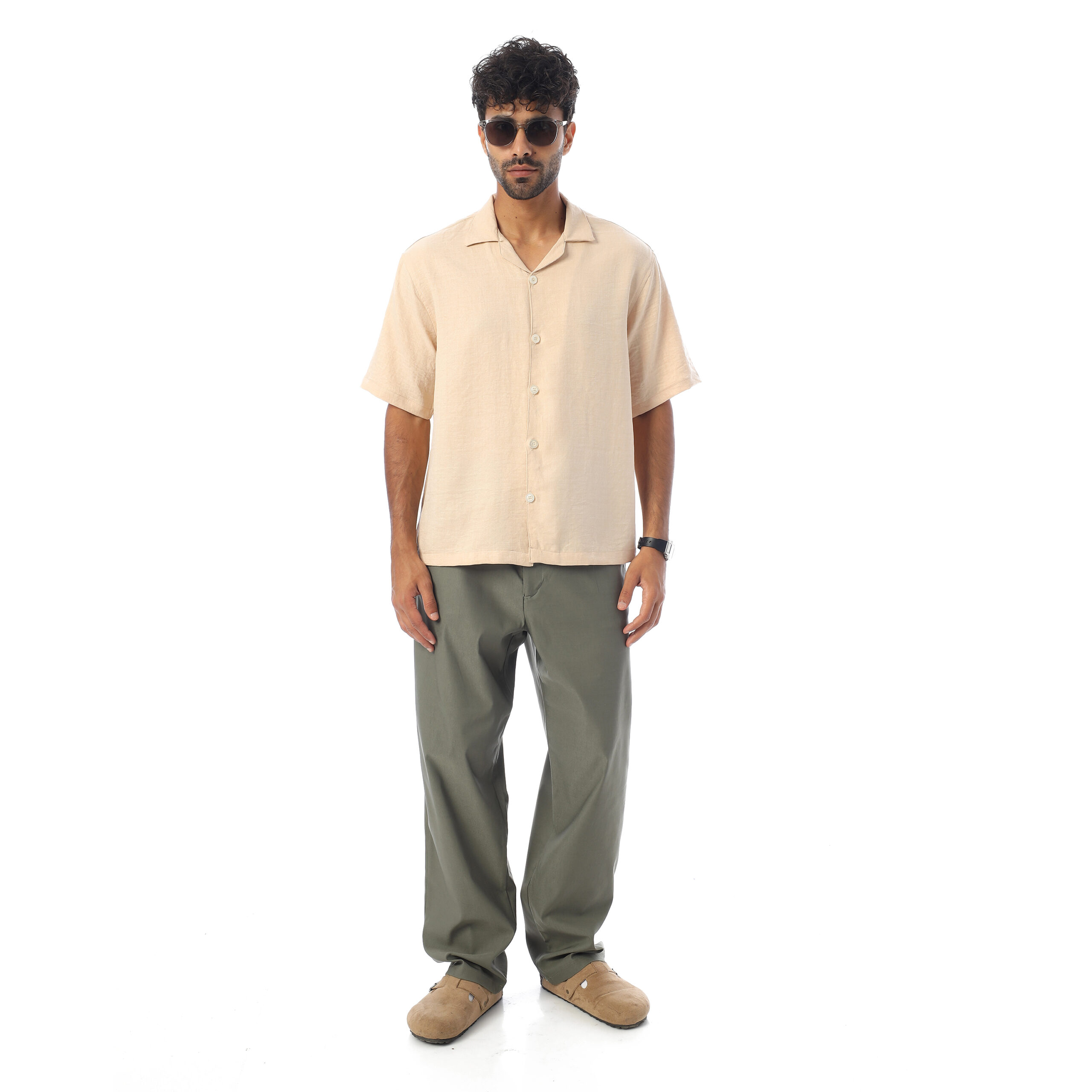 sleeve-half Shirt Linen-Beige - Image 2