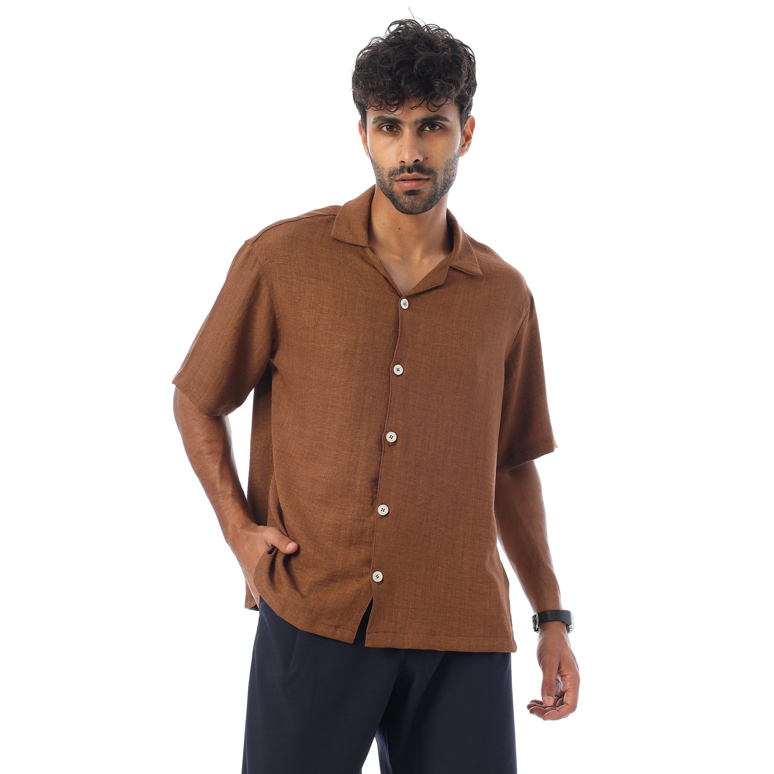 sleeve-half Shirt Linen-Brown