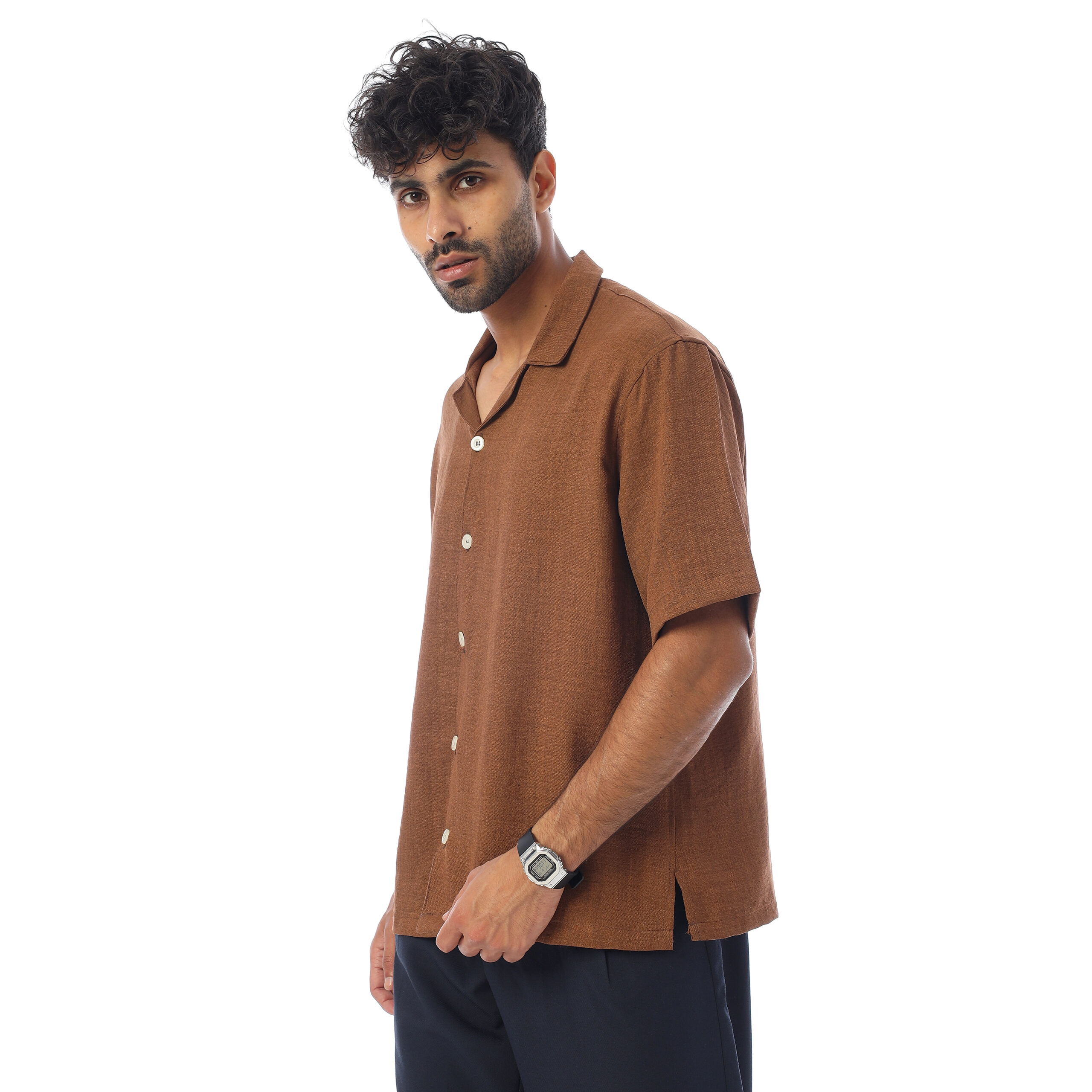 sleeve-half Shirt Linen-Brown - Image 5