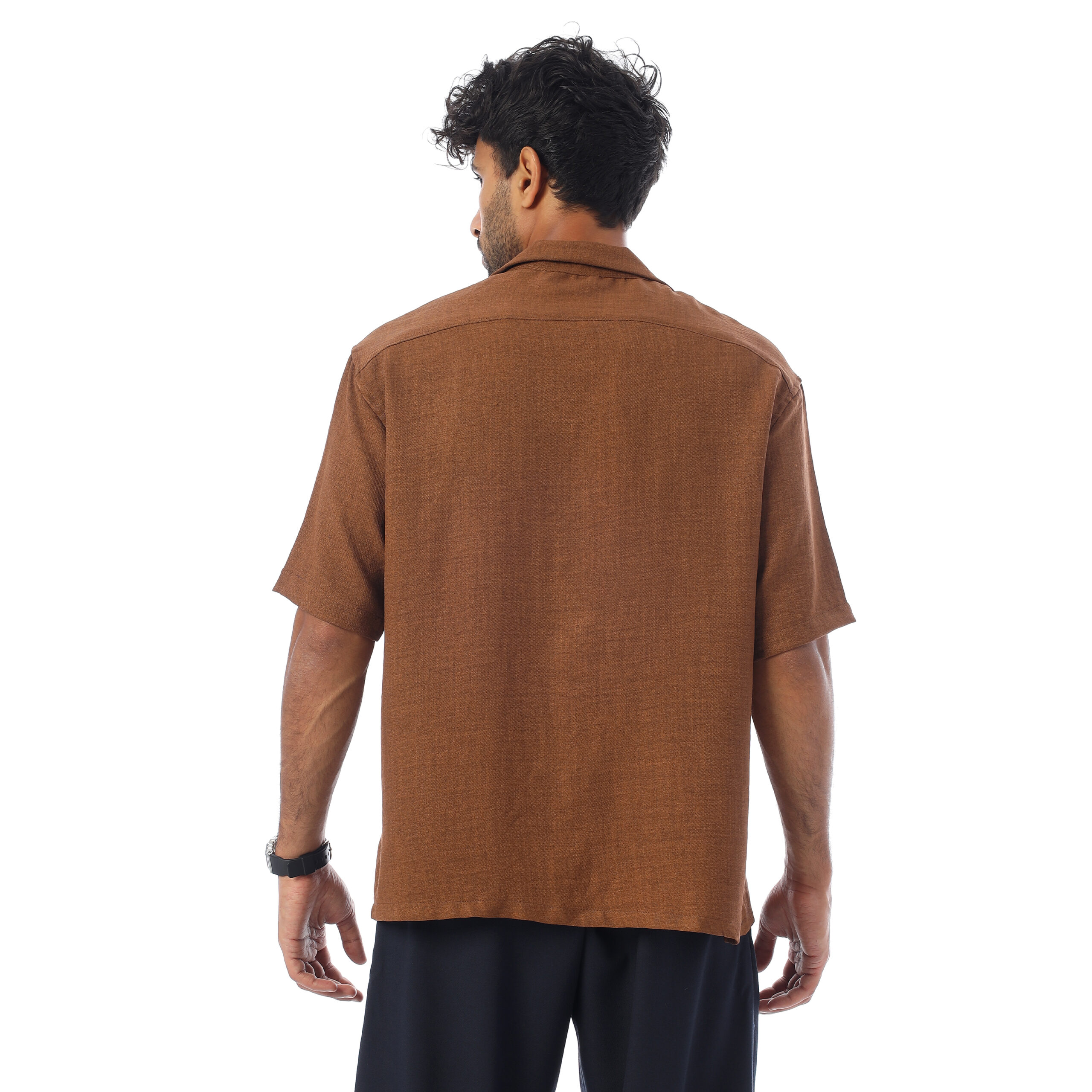 sleeve-half Shirt Linen-Brown - Image 4