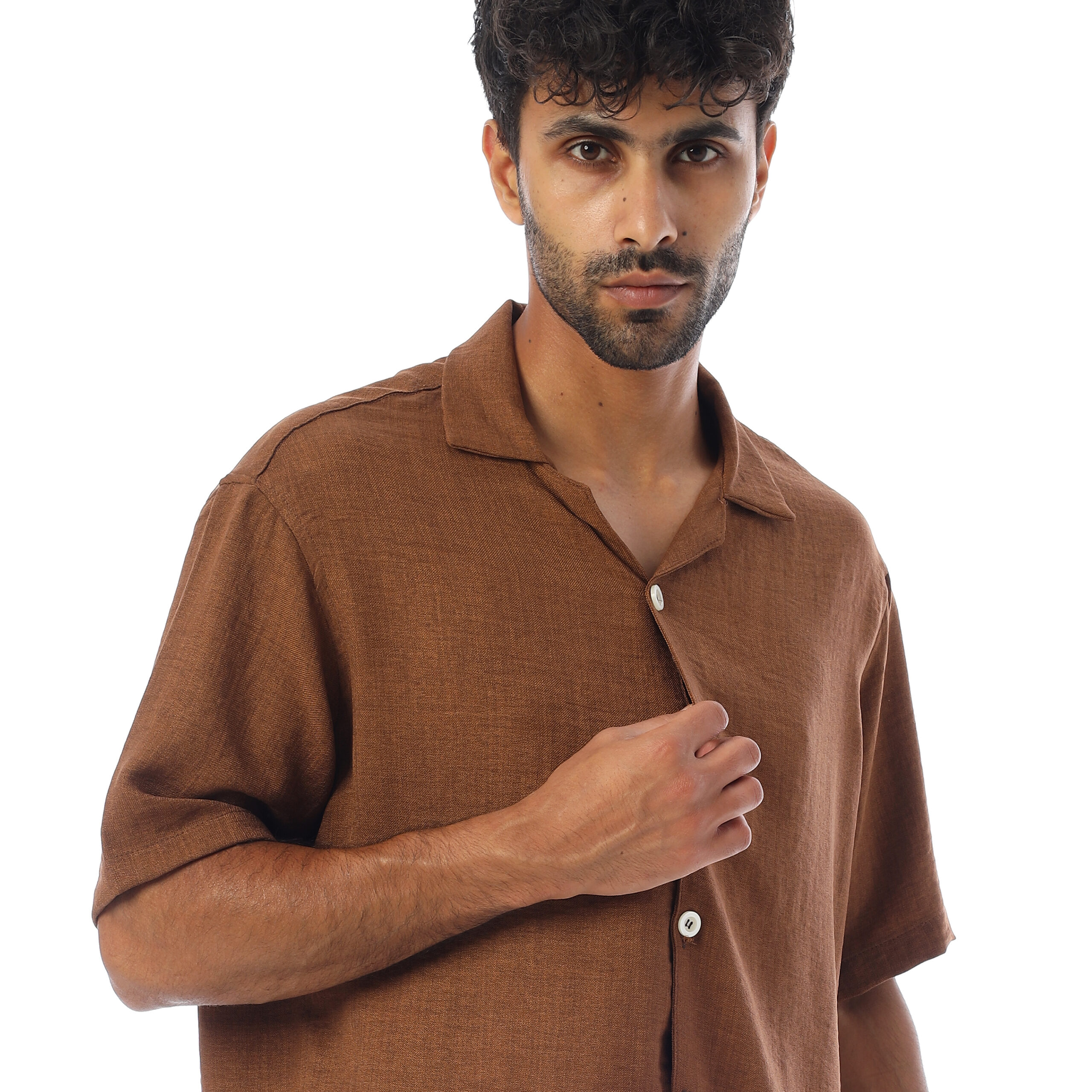 sleeve-half Shirt Linen-Brown - Image 3