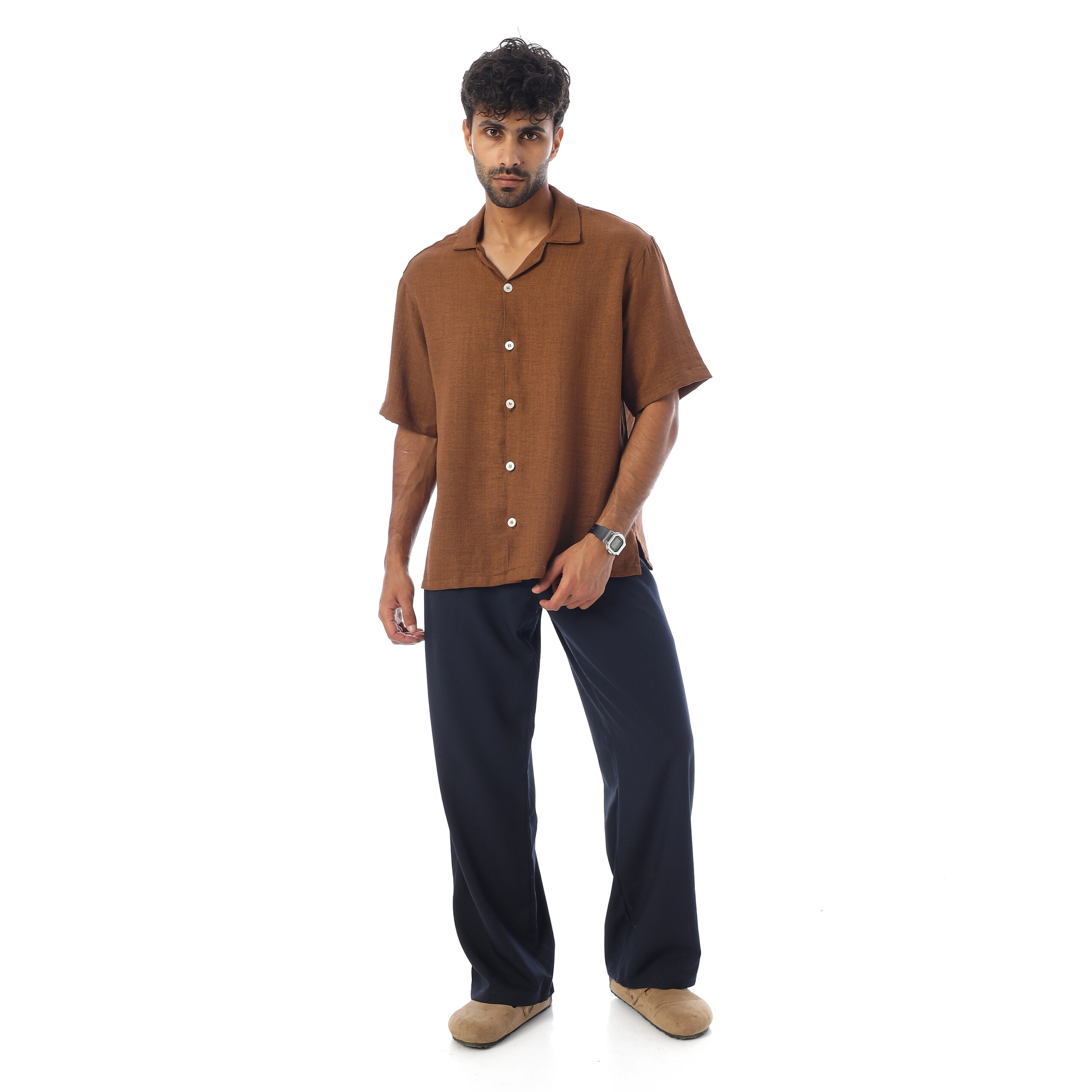 sleeve-half Shirt Linen-Brown - Image 2
