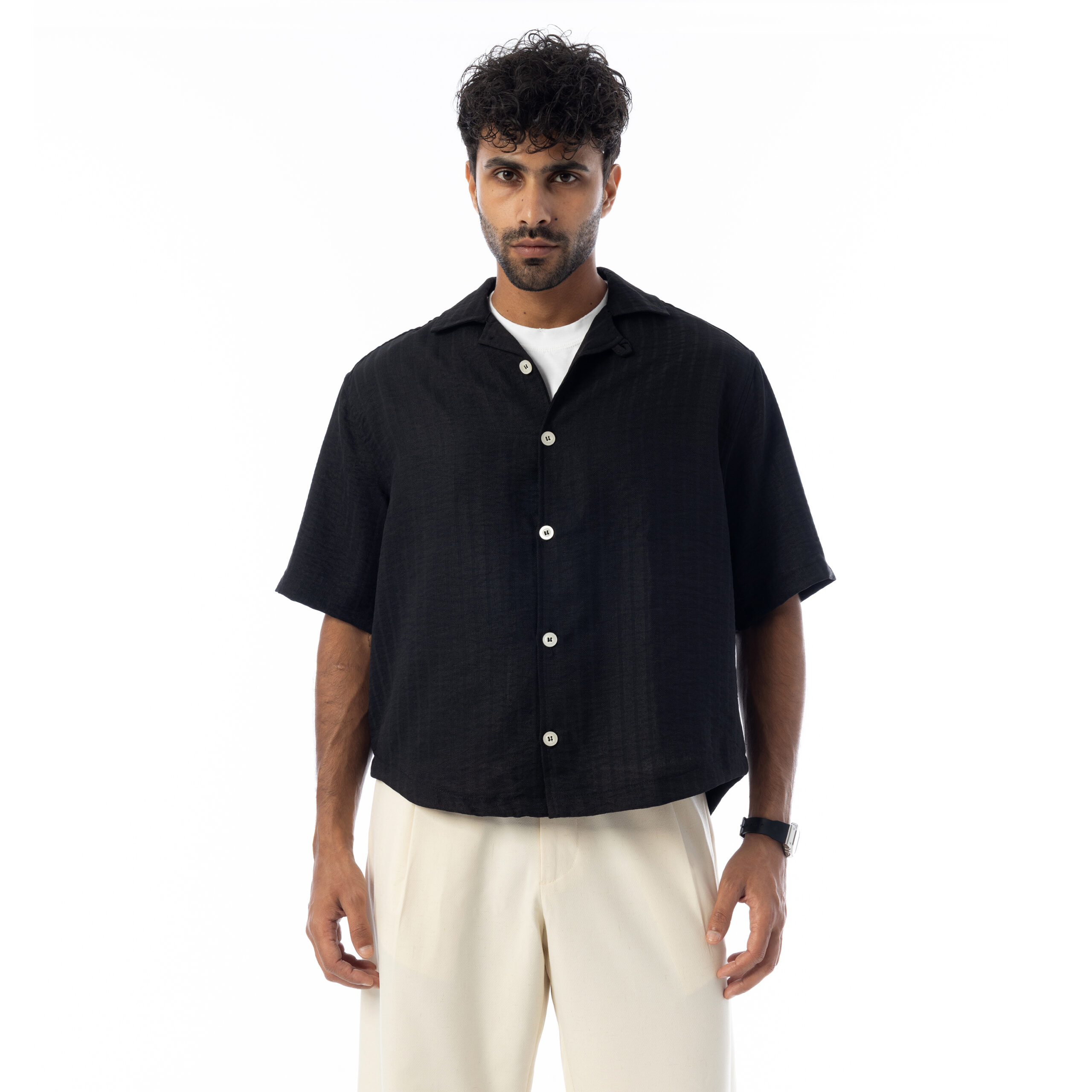 sleeve-half Boxy-fit Shirt-Black