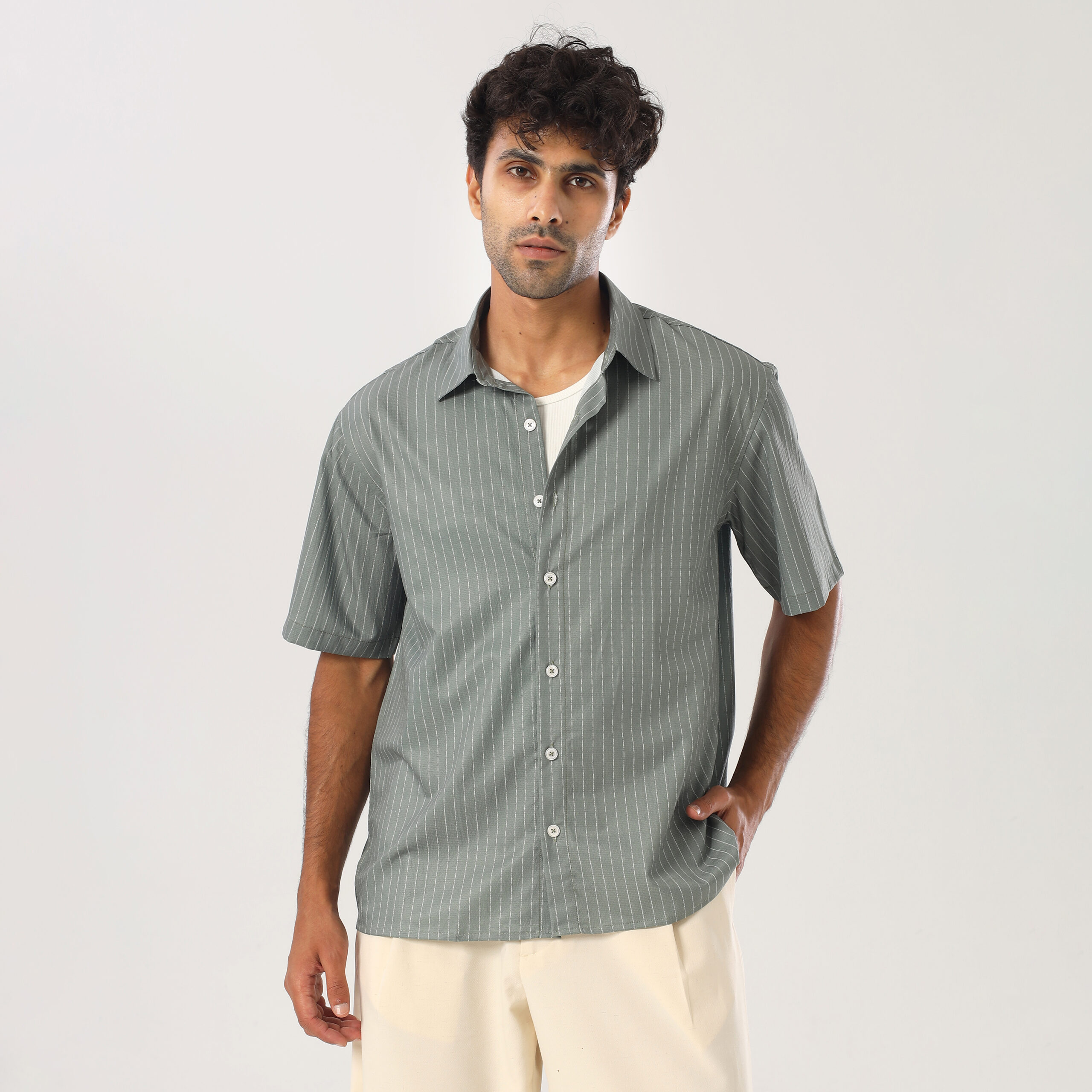 Striped Box-Fit shirt-Olive