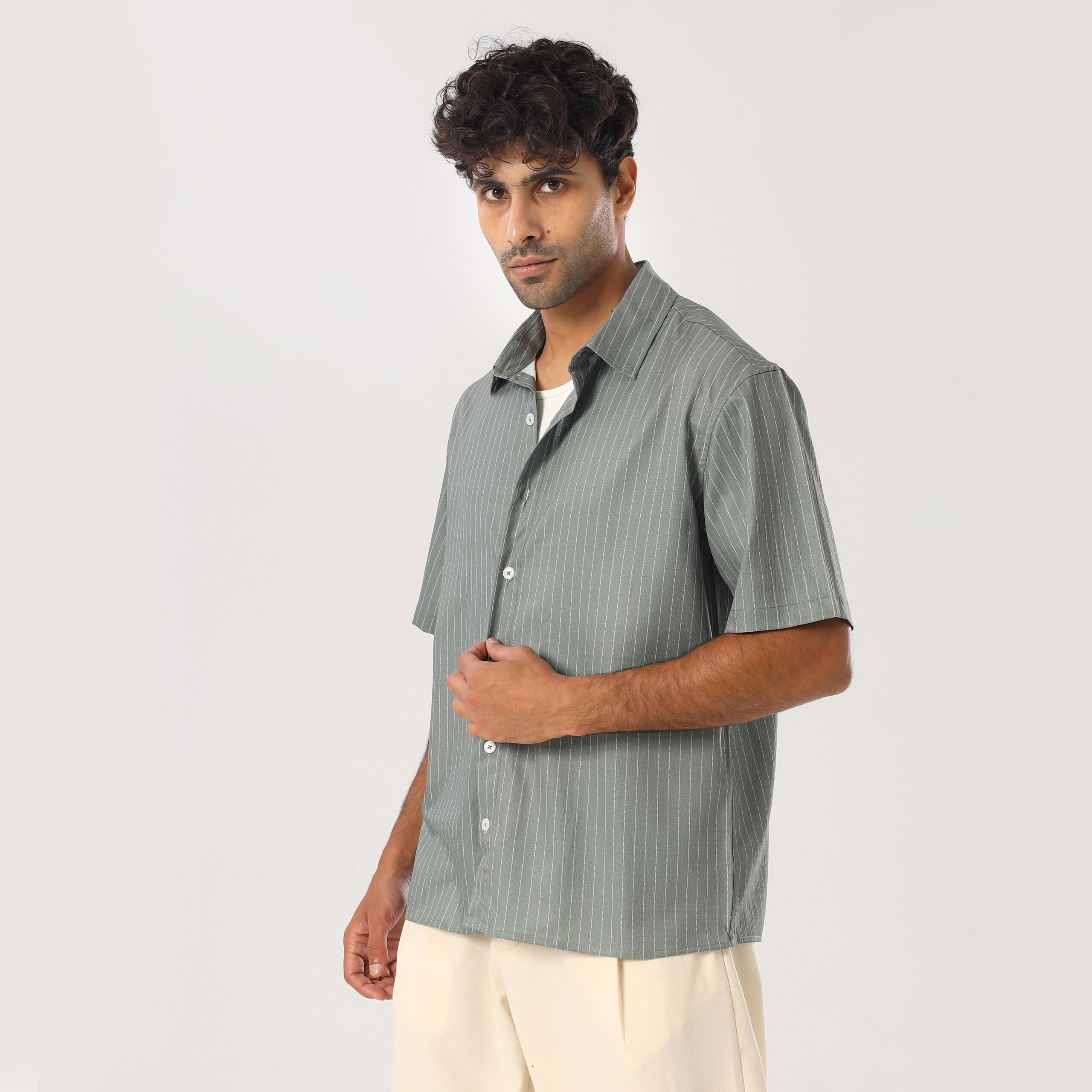 Striped Box-Fit shirt-Olive - Image 5