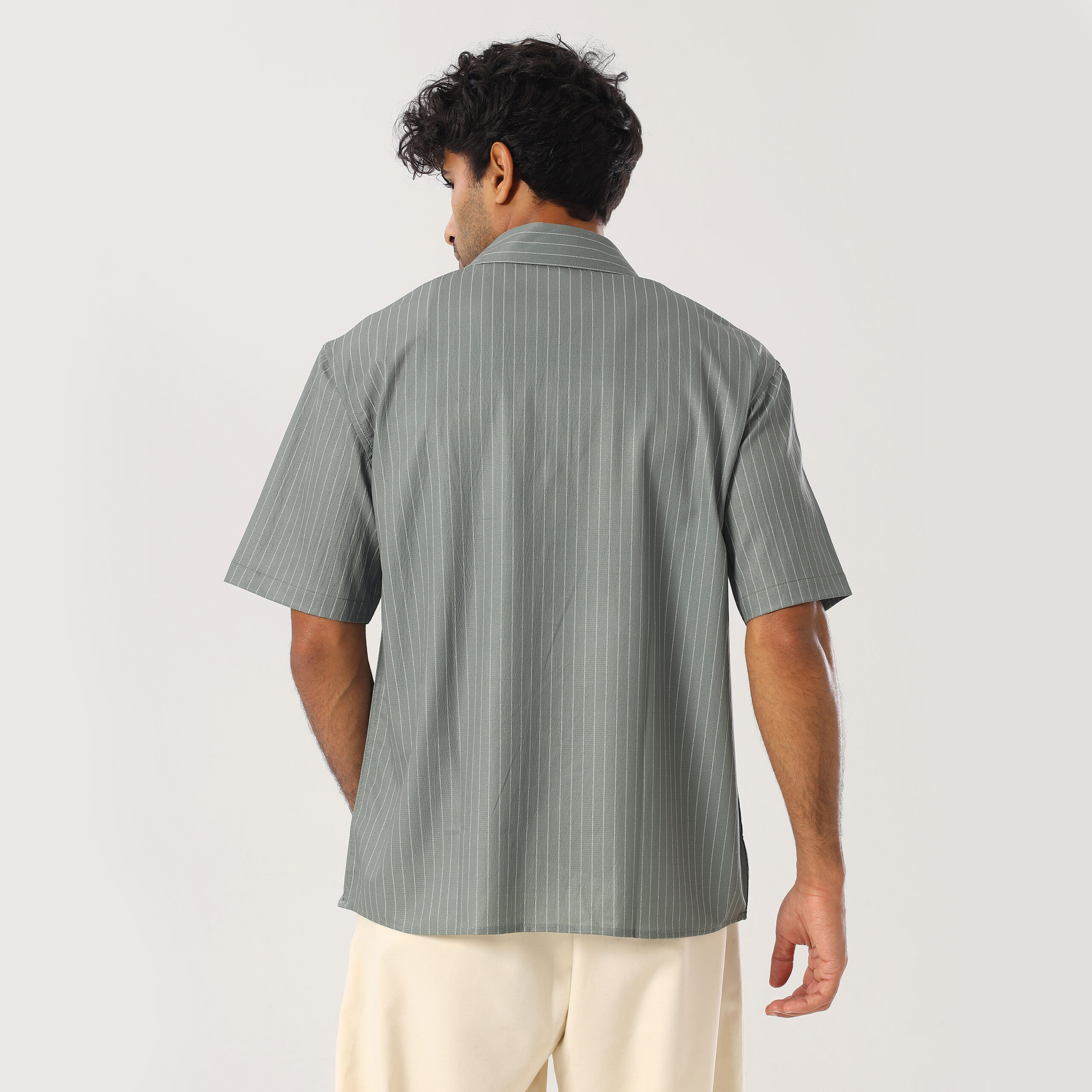 Striped Box-Fit shirt-Olive - Image 4