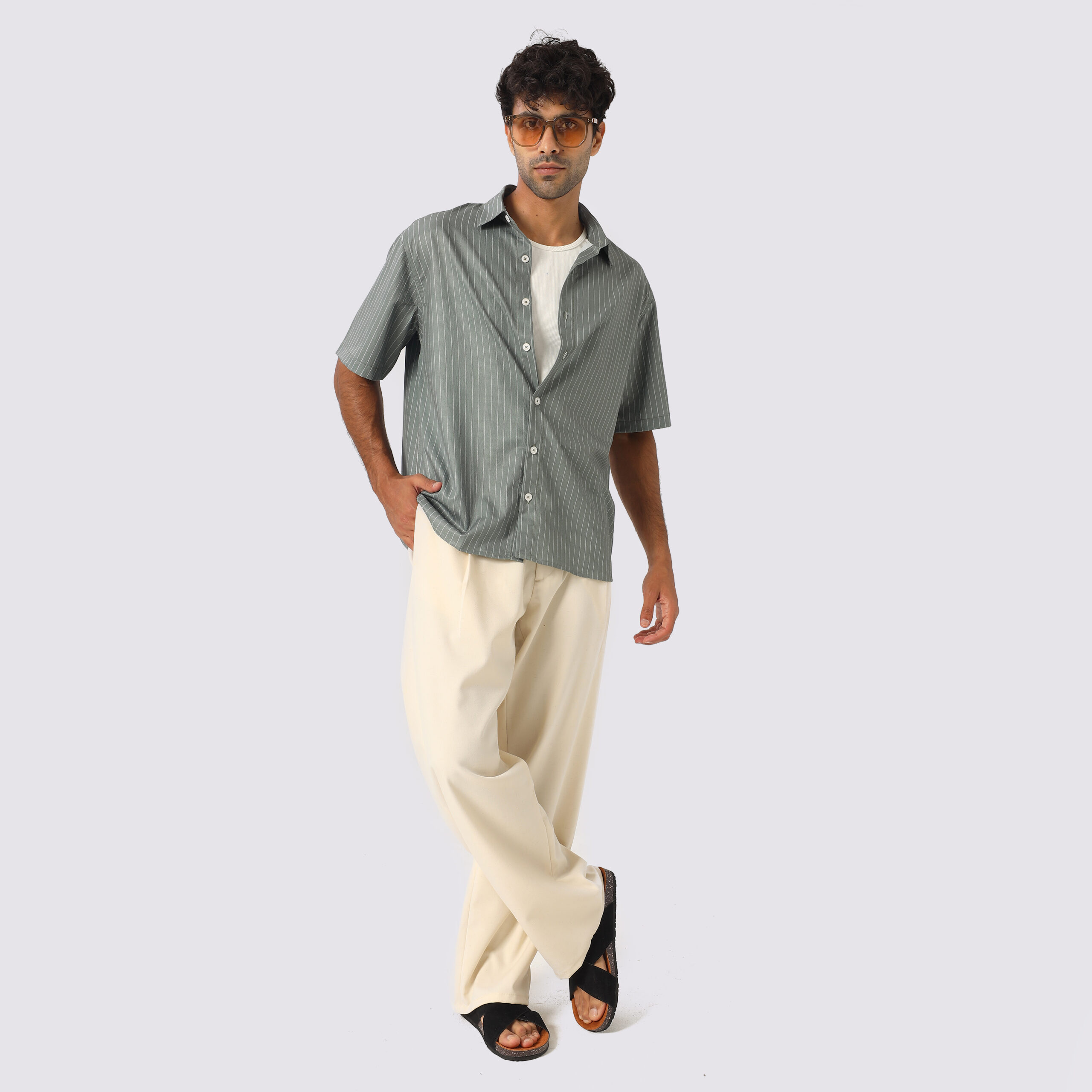 Striped Box-Fit shirt-Olive - Image 2