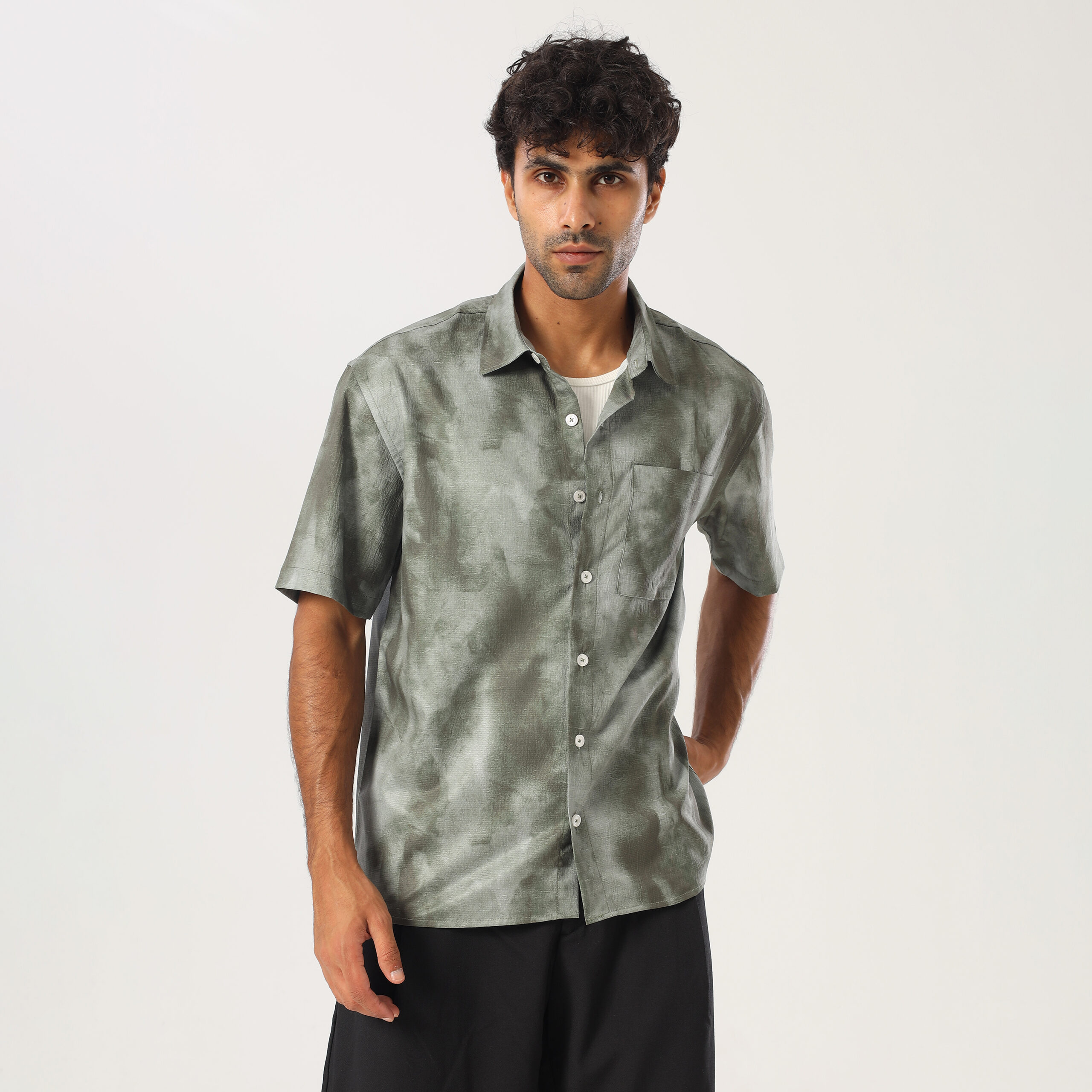 Printed Box Fit Shirt-Olive