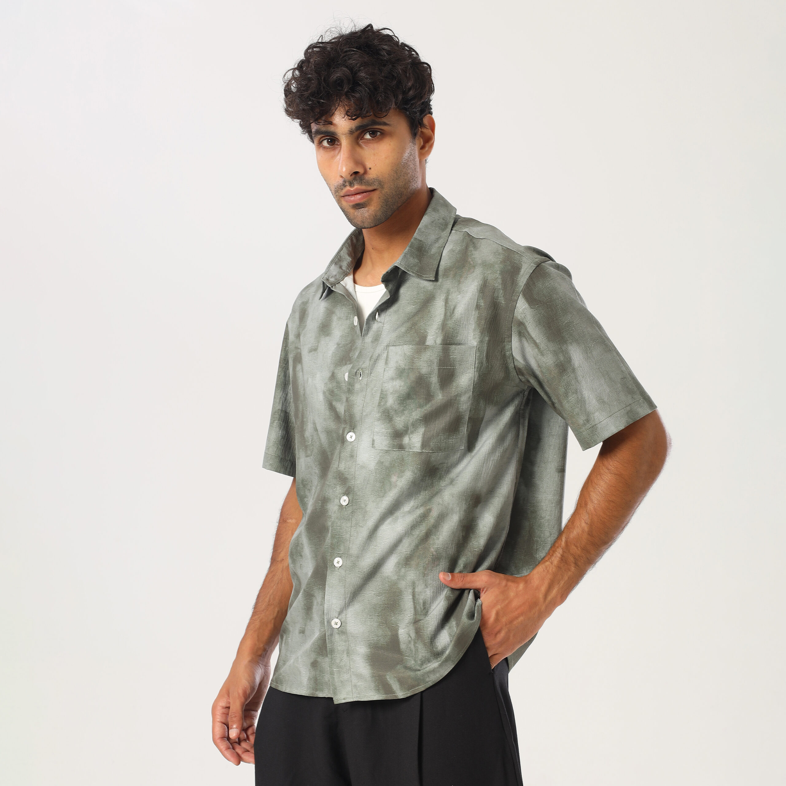 Printed Box Fit Shirt-Olive - Image 5