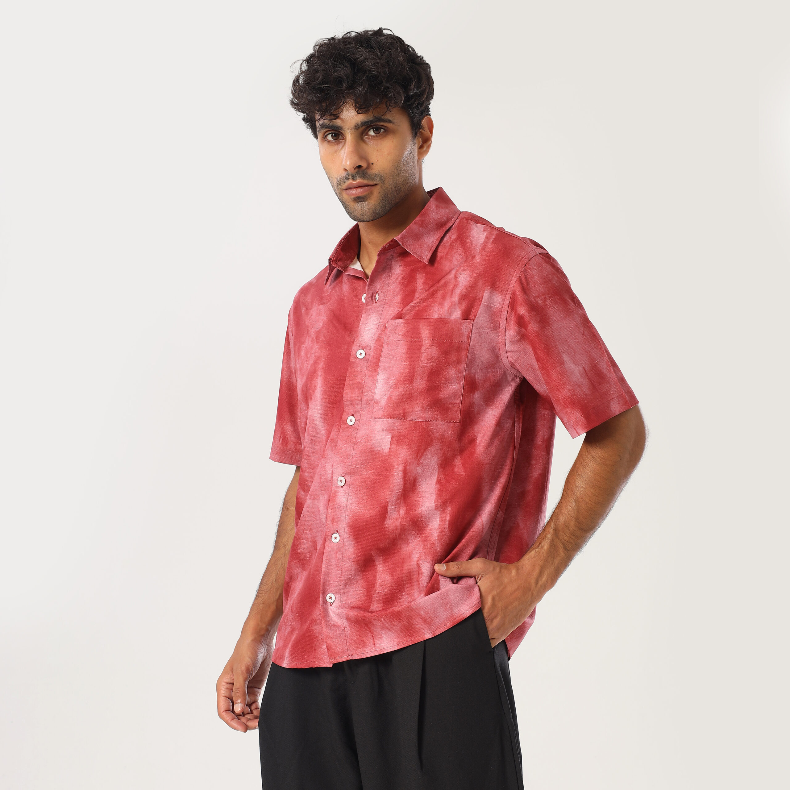 Printed Box Fit Shirt-Red - Image 5