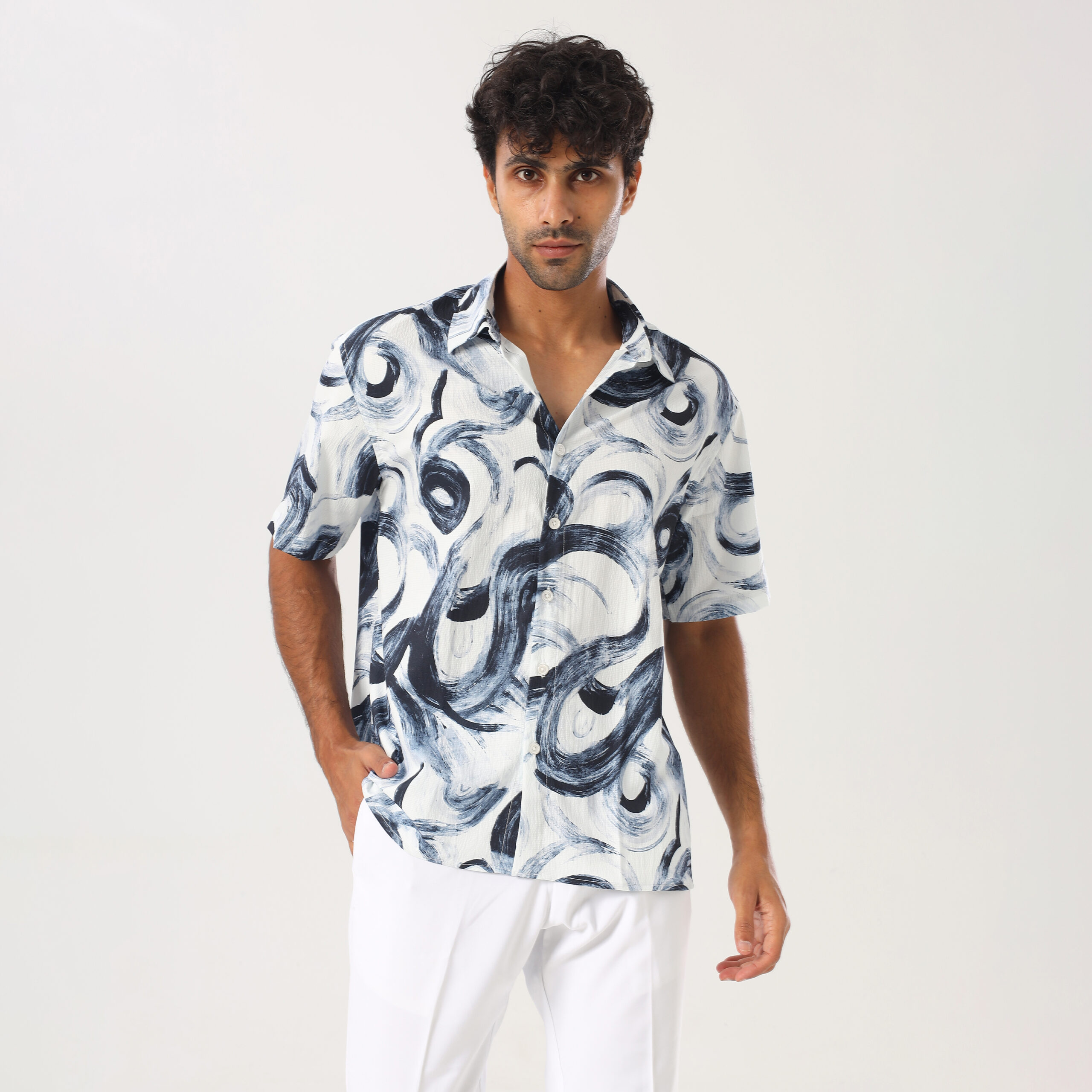 Printed Box Fit Shirt-Navy