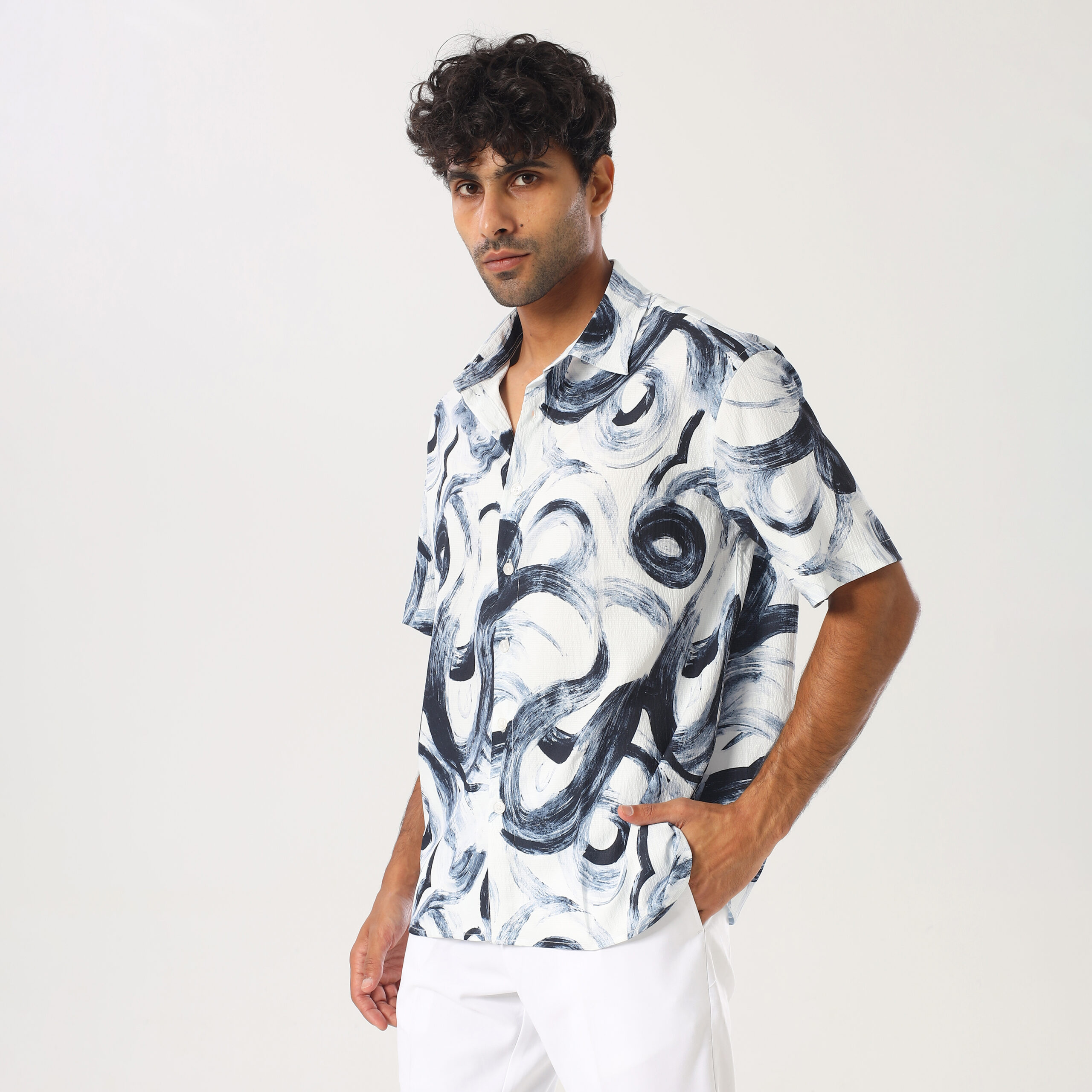 Printed Box Fit Shirt-Navy - Image 5