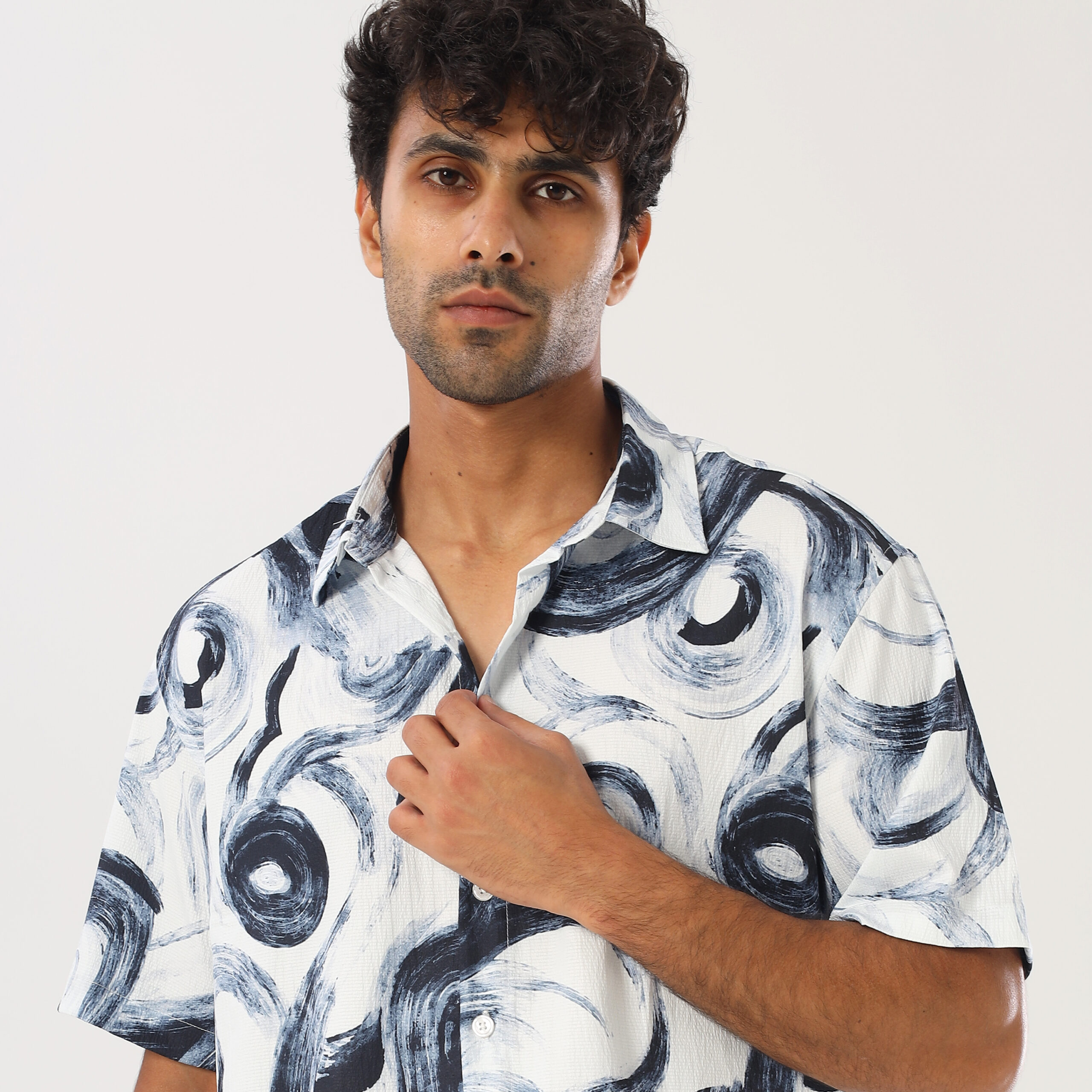 Printed Box Fit Shirt-Navy - Image 3