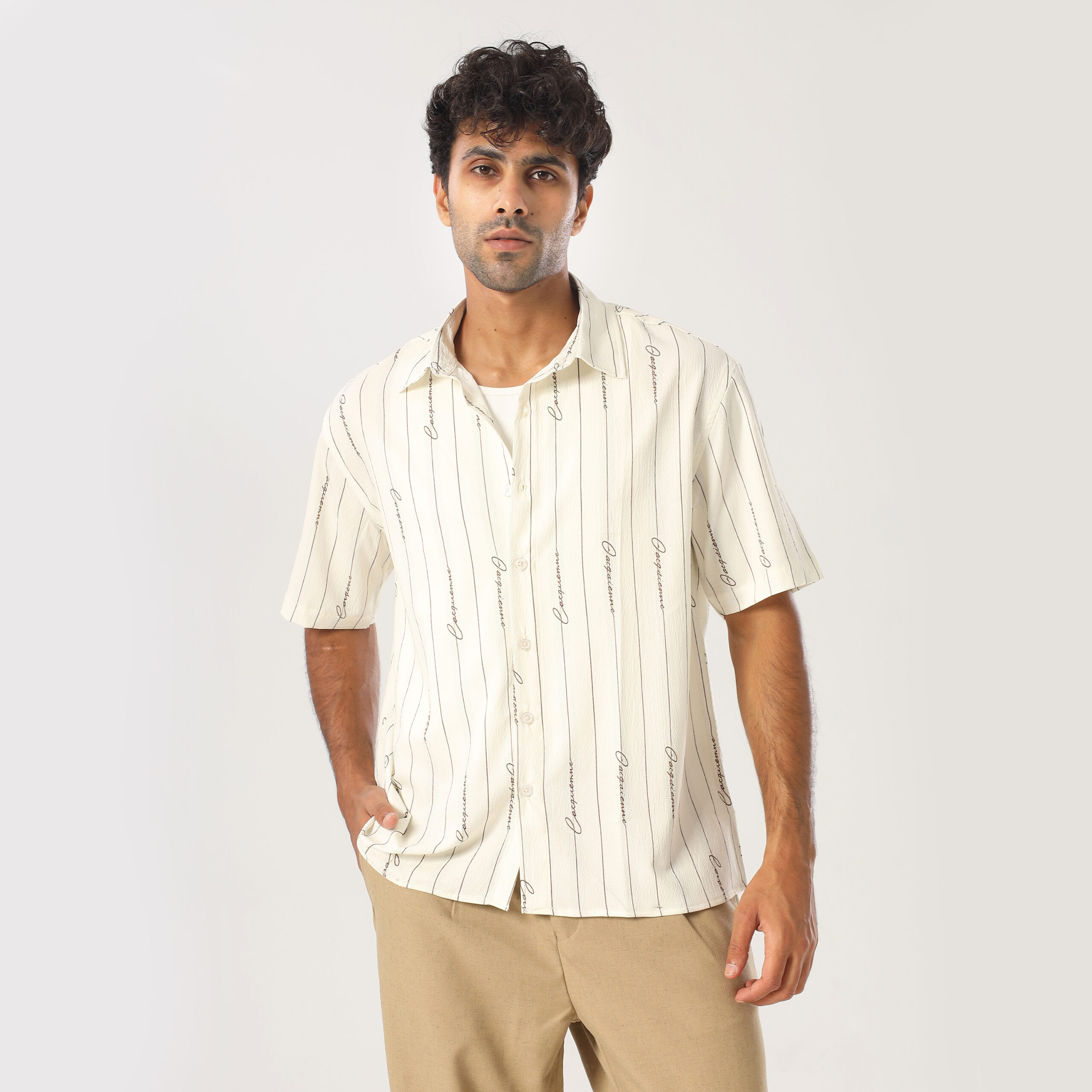 Printed Box Fit Shirt-Beige