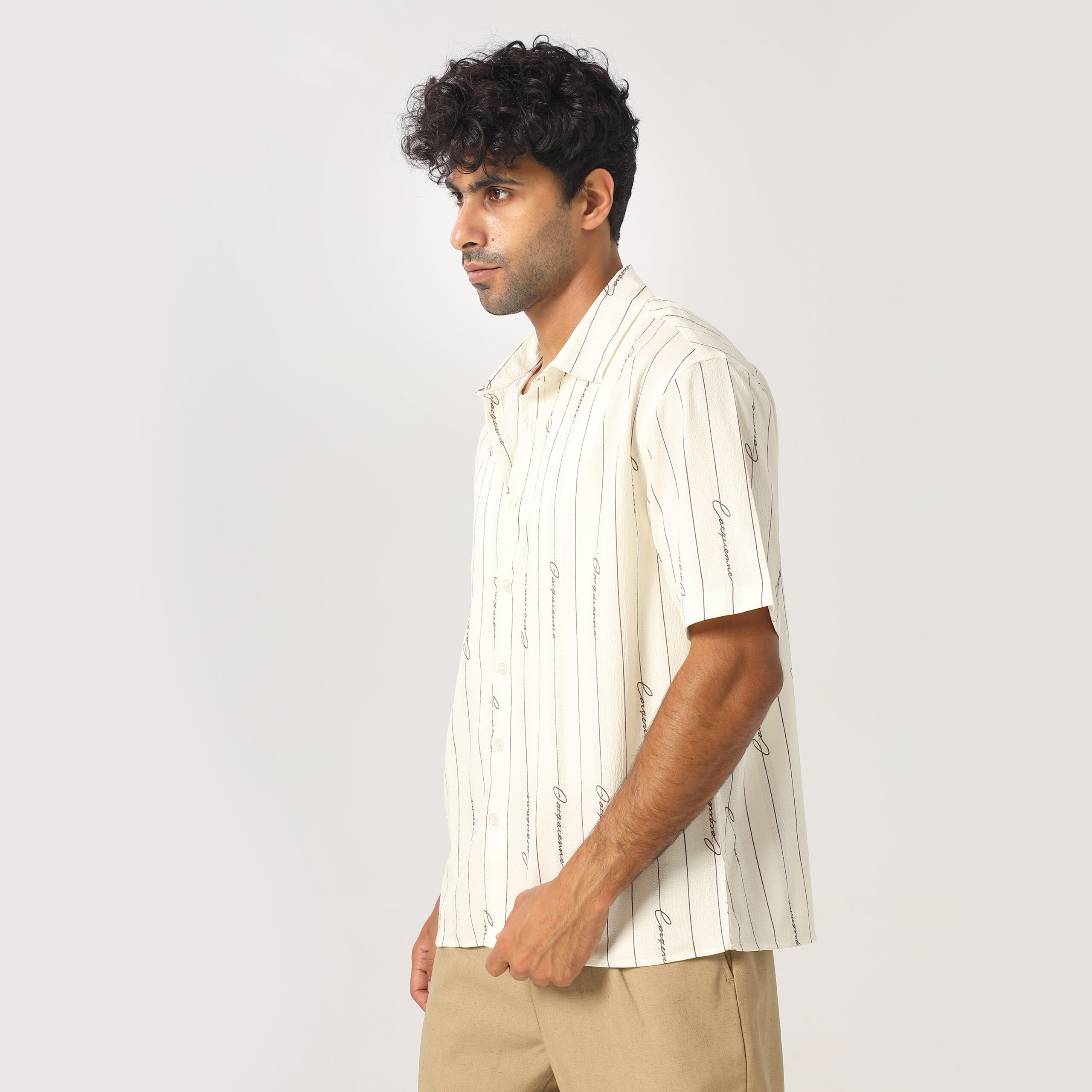 Printed Box Fit Shirt-Beige - Image 5
