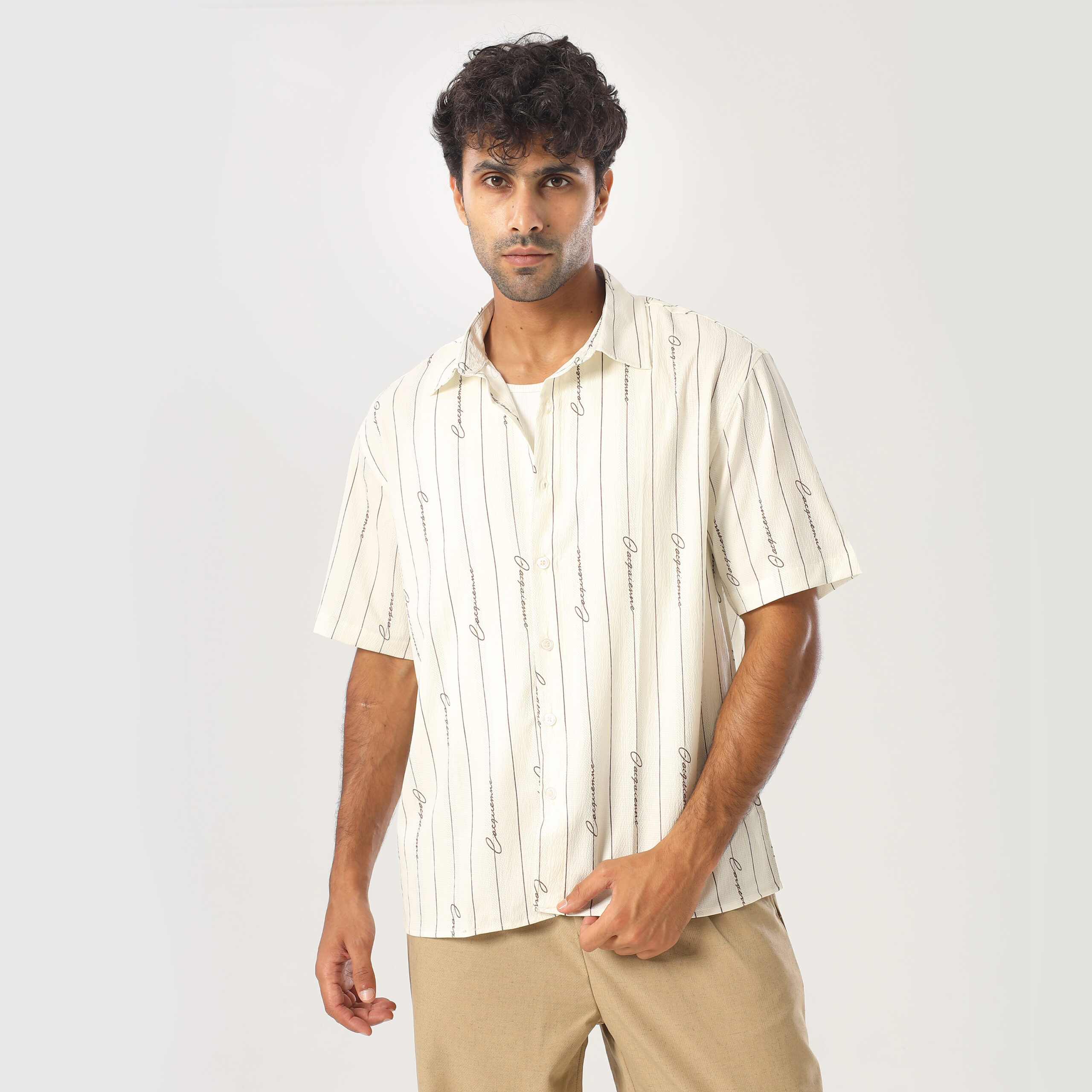 Printed Box Fit Shirt-Beige - Image 3