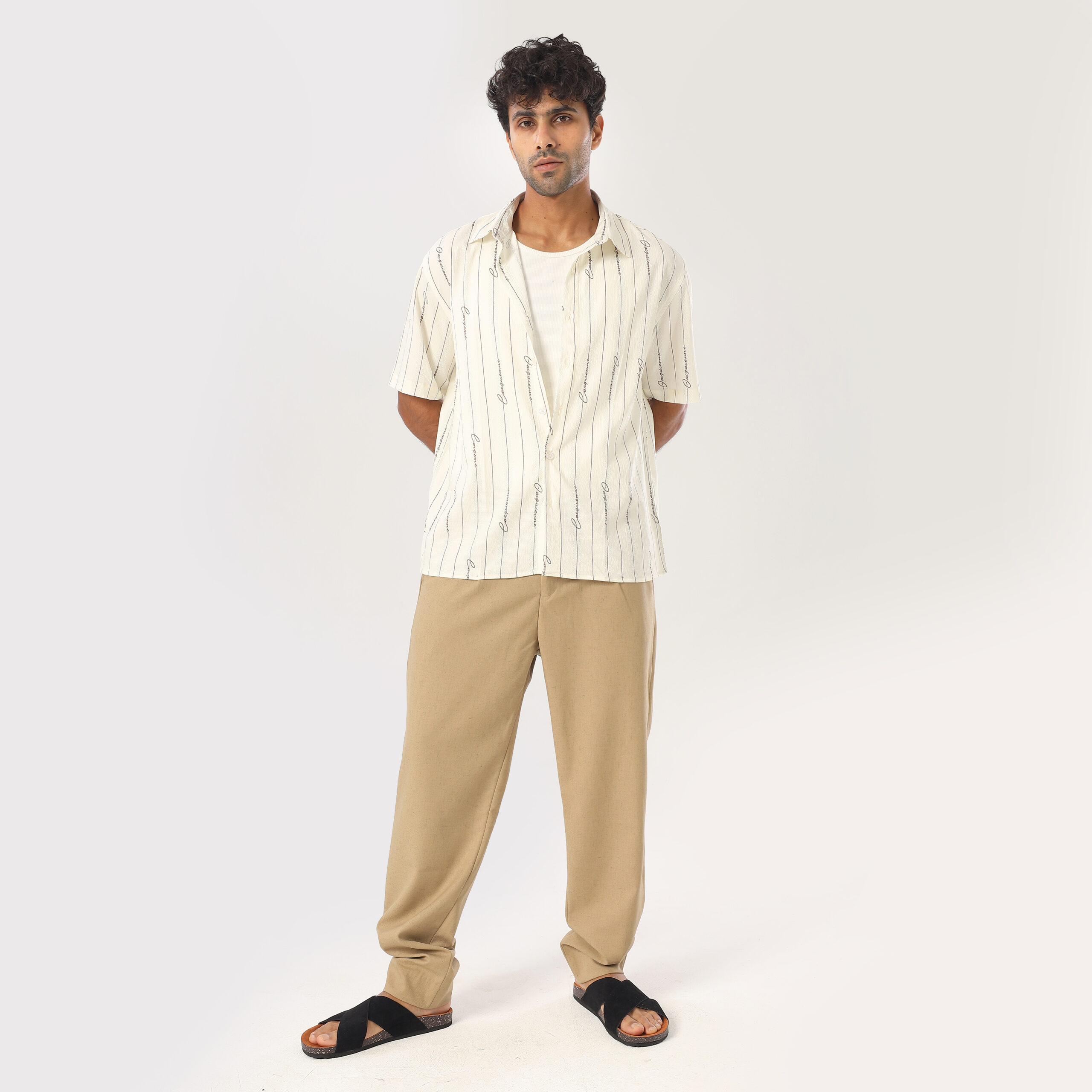 Printed Box Fit Shirt-Beige - Image 2